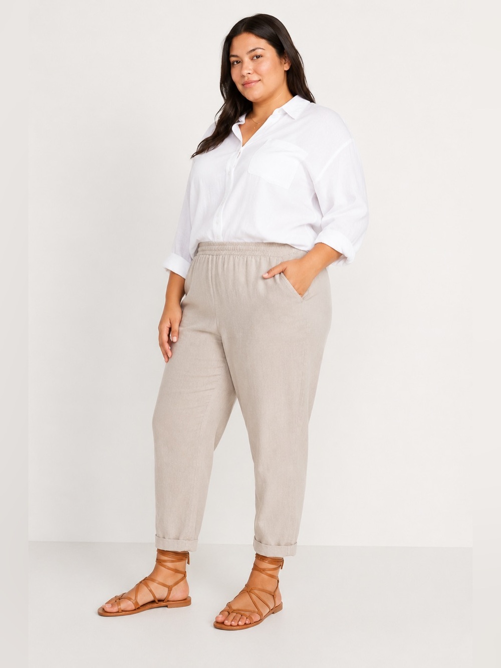 OLD NAVY Light Beige/Mauve LINEN BLEND Elastic Waist lightweight Pants